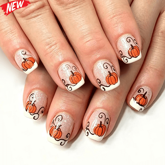 24PCS Short Square Fall Press On Nails, Glitter French Tip Fake Nails with Pumpkin Vine Prints, Glossy Reusable Artificial Nail Tips, DIY Thanksgiving Harvest False Nails for Women