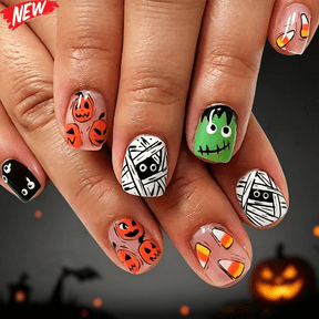 24PCS Short Square Halloween Press On Nails, Nude Fake Nails with Jack O Lantern, Mummy, Frankenstein & Candy Corn Print, Reusable Spooky False Nail Tips, DIY Manicure Kit for Women Halloween Party