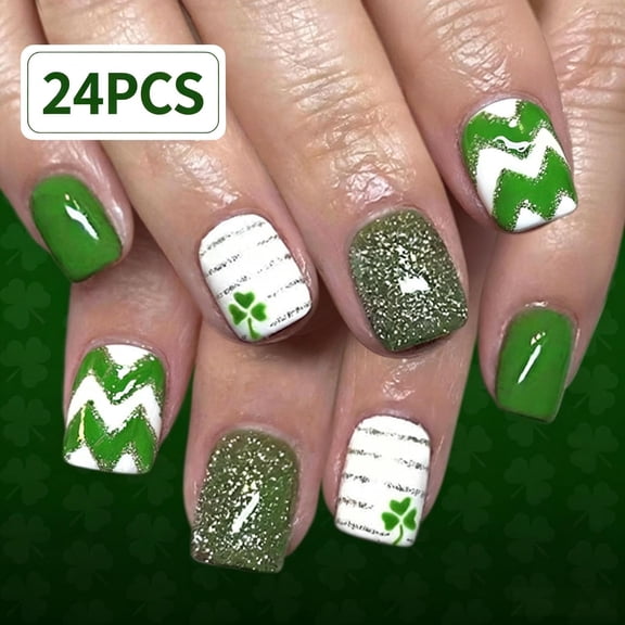 24PCS Short Square Press On Nails, Green Shamrock Clover Full Cover Acrylic Fake Nails Reusable Glue On False Nail Tips for St. Patrick’s Day Holiday Party Daily Casual Women Nail Art Decoration