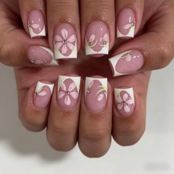 24PCS Short Square Press On Nails, Pink Glitter Base with White French Tip, Flower & Rhinestone Design, Natural Fit Glossy Fake Nails for Women, Daily Wear & Party Manicure, Salon & Home Use