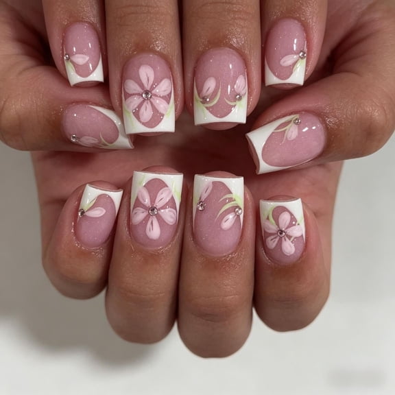 24PCS Short Square Press On Nails, Pink Glitter Base with White French Tip, Flower & Rhinestone Design, Natural Fit Glossy Fake Nails for Women, Daily Wear & Party Manicure, Salon & Home Use
