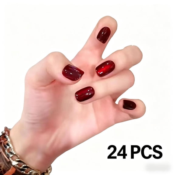 24PCS Short T Shape Press On Nails, Solid Wine Red Red Eye Fake Nails, Removable Reusable Nail Art, Glossy High-end Daily Commute Manicure for Women