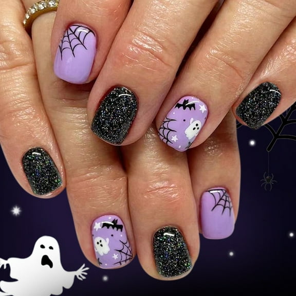 24PCS & Skeleton Designs Fake Nails With Glitter Cobwebs Easy Apply For Halloween Parties