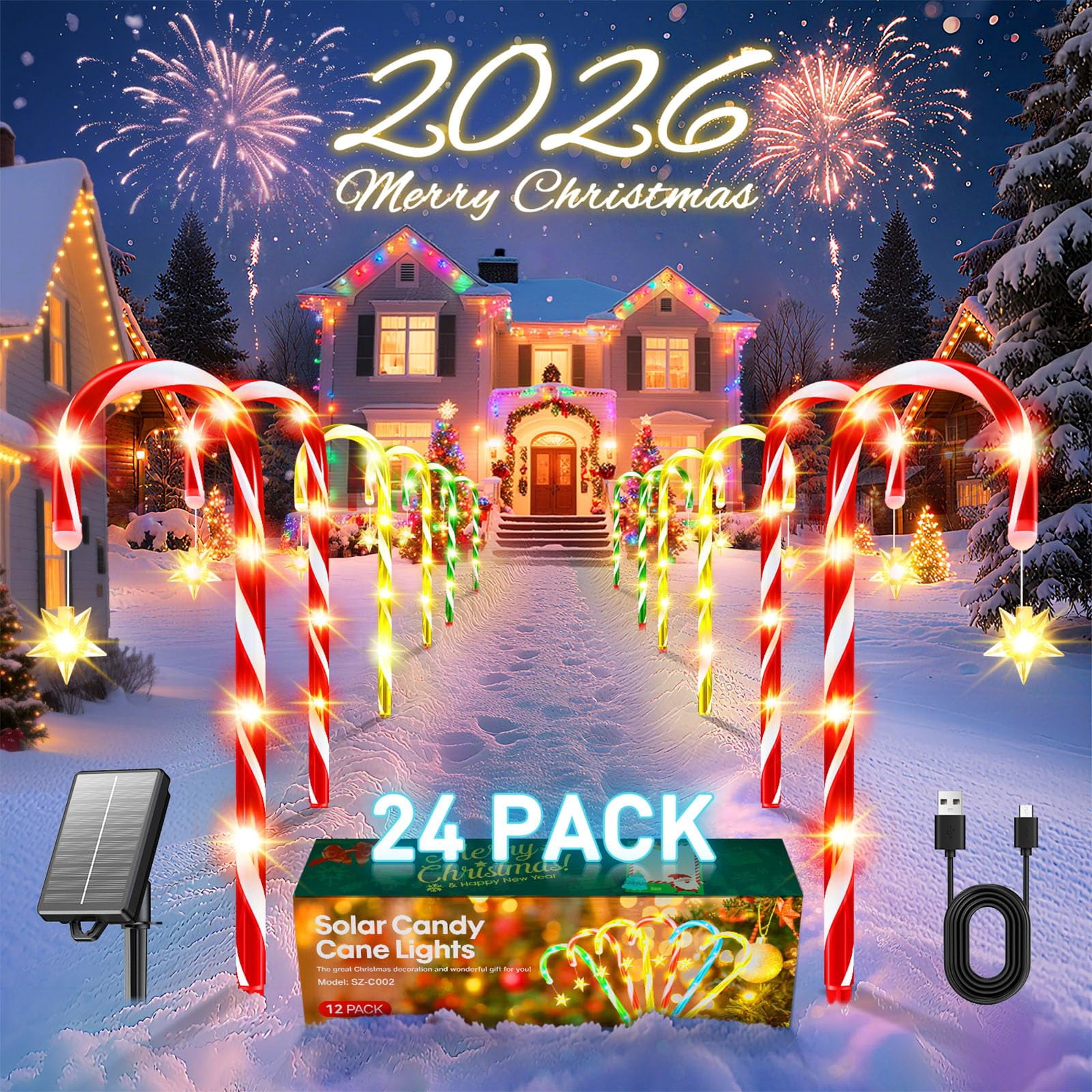24PCS Solar Candy Cane Pathway Lights Solar Christmas Lights with 8 ...
