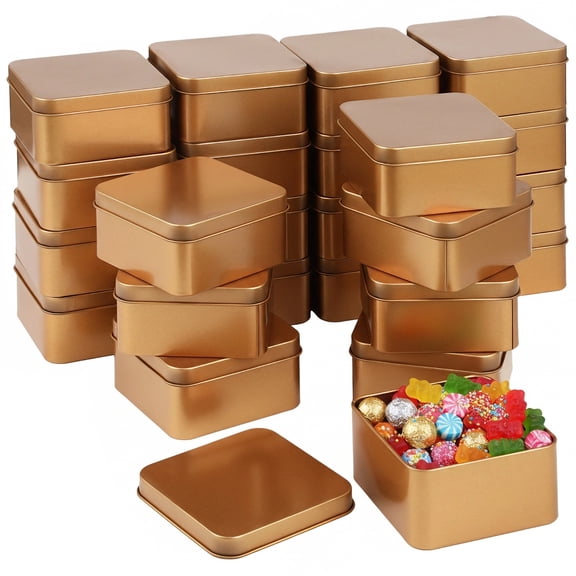 24PCS Square Metal Tins with Lids, 3.4" x 3.4" x 1.8" Small Storage Containers, Empty Gold Tin Boxes for Candies, Tea, Pills, Portable Candy Gift Tins with Round Edge for Party Favors, DIY Crafts