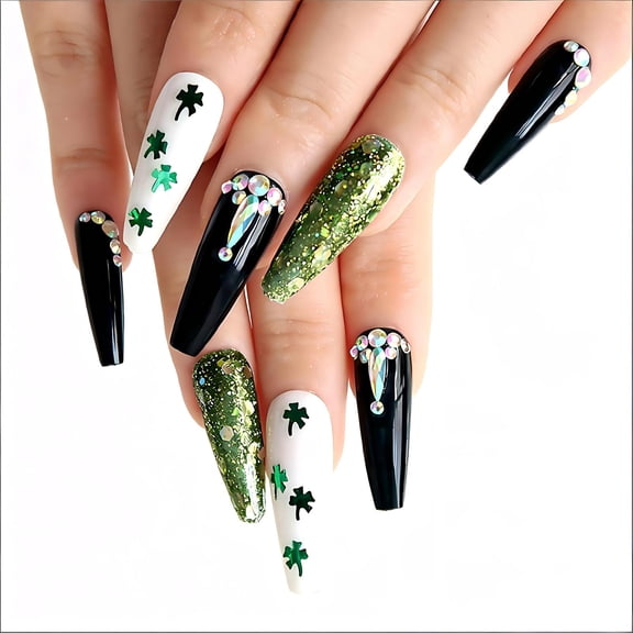 24PCS St. Patrick's Day Press On Nails, Long Coffin Clover Shamrock Fake Nails, Green Glitter Acrylic Nail Tips for DIY Manicure, Holiday Nail Art Accessories for Women Girls Daily Wear & Party Use