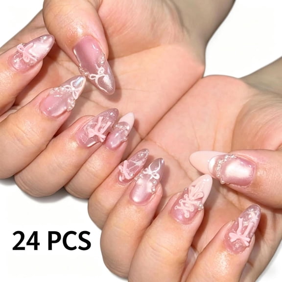 24PCS Sweet Bow French Press On Nails, Cat Eye Glitter Nail Tips, 3D Bow Decor False Nails, Medium Length Removable Reusable Wearable Nail Art for Daily Dating Part