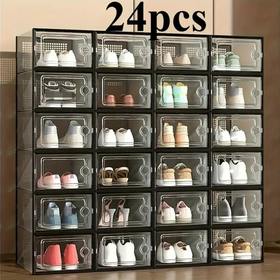 24PCS Thick Transparent Shoe Box with Lid, Foldable & Stackable Plastic Shoe Rack Organizer - Waterproof, Space-Saving Storage for All Shoe Types - Ideal for Foyer, Bedroom, Home, Dormitory - Black