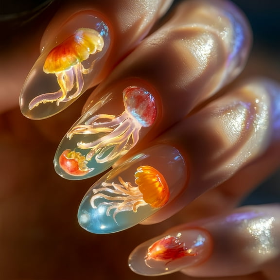 24PCS Transparent Blue Almond False Nails NonToxic ABS Materials Glossys Press On Nails For Bridal Event And Travel