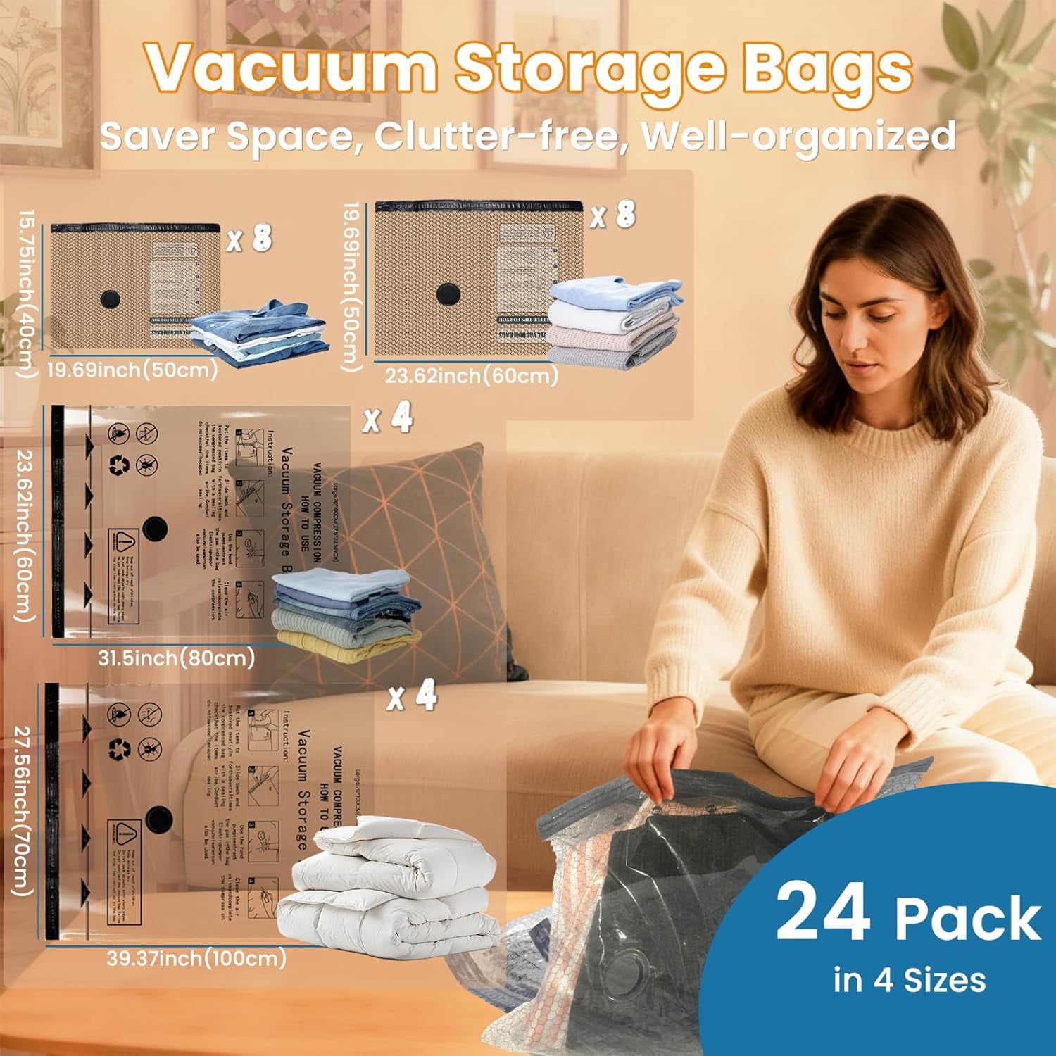24PCS Vacuum Seal Bags for Clothing with Electric Pump - 8 Small, 8 ...