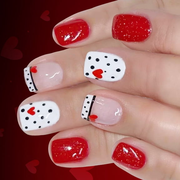 24PCS Valentines French Tip Nails Red Glitters Heart Design Short Square Fake Nails Glossy Finish