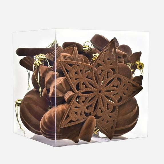 24PCS Velvet Christmas Tree Ornaments Set, Brown Flocked Hanging Christmas Balls Ornaments, Shatterproof Decorative Hanging Balls Decorations Assortment for Xmas Tree Holiday Home Party Decor