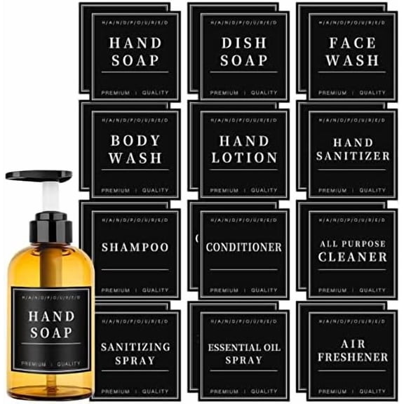 24PCS Waterproof Labels for Glass or Plastic Bottles, Bathroom Hand Soap Shampoo Dispenser Stickers, Removable Cleaning Labels for Soap, Lotion, Shampoo and Conditioner (3"x3")