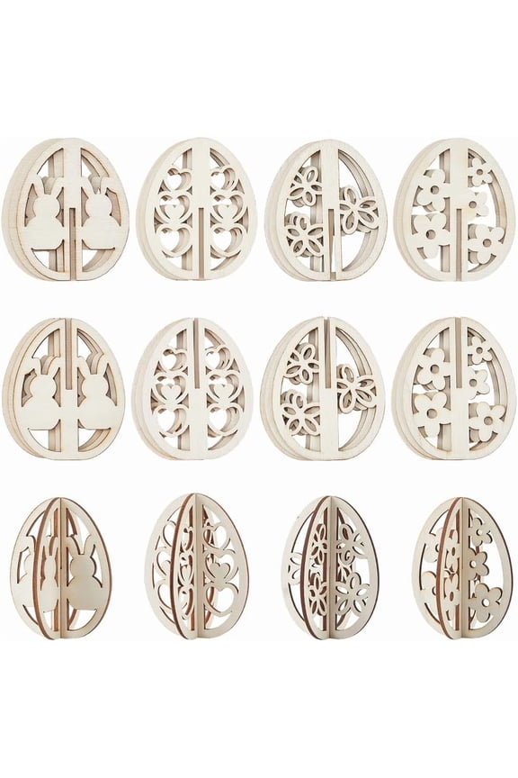24PCS Wooden 3D Easter Egg Ornaments Unfinished Wood Slices Embellishments Pendants Easter Egg Cutouts Hanging Decorations for DIY