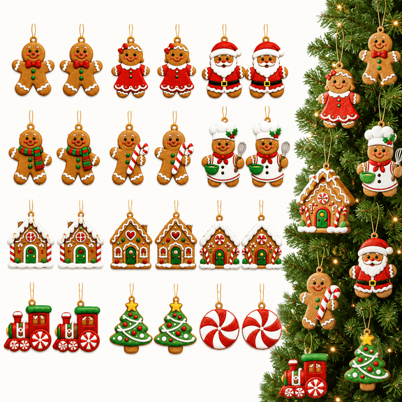 24PCS Wooden Gingerbread Christmas Ornaments, 12 Designs Holiday Tree Decor