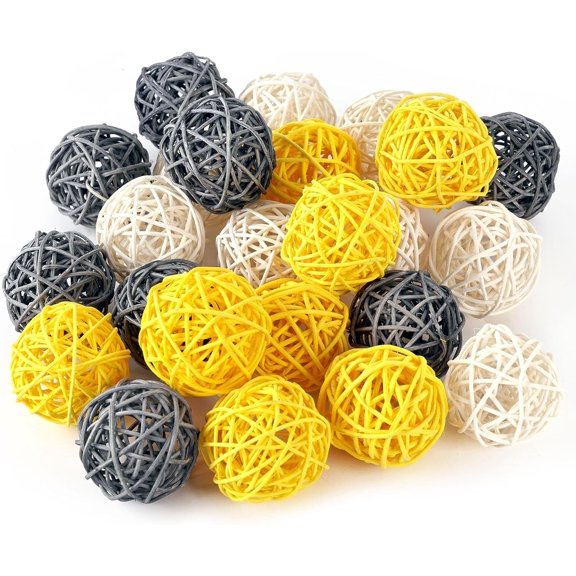 24PCS Yellow Decorative Balls for Bowl Centerpiece, 2 Inch Rattan Bowl Fillers - Wicker Twig Orbs Spheres for Yellow Kitchen Decor, Wedding Home Vase Table Decor
