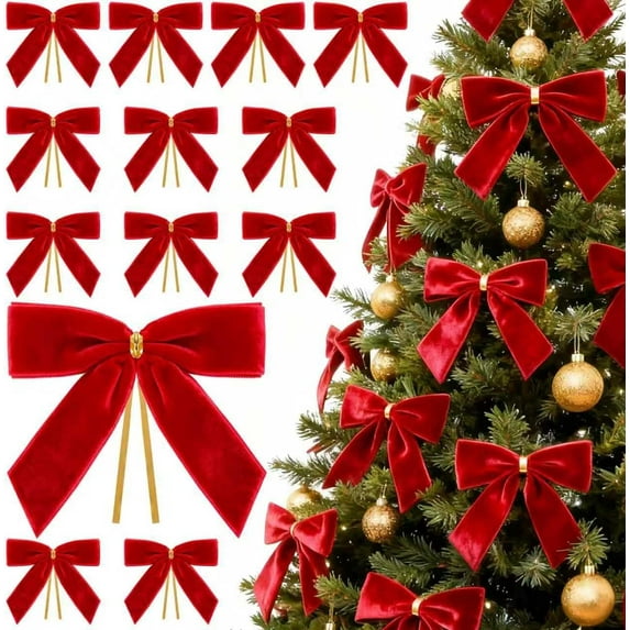 24PCs Red Bows for Christmas Tree, 3.5 x 3.5 Inch Red Velvet Bows Vintage Xmas Velvet Ribbon Bow Holiday Ornaments for Christmas Decoration Holiday Decor, Gift Wrapping and Wedding