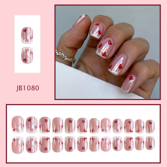 24PCs Red Heart Clear Based Press On Nails,Faux Acrylic Nails Kit with Red Hearts and White Dots Design,Artificial False Static Stick on Nails,Nail Supplies for Women