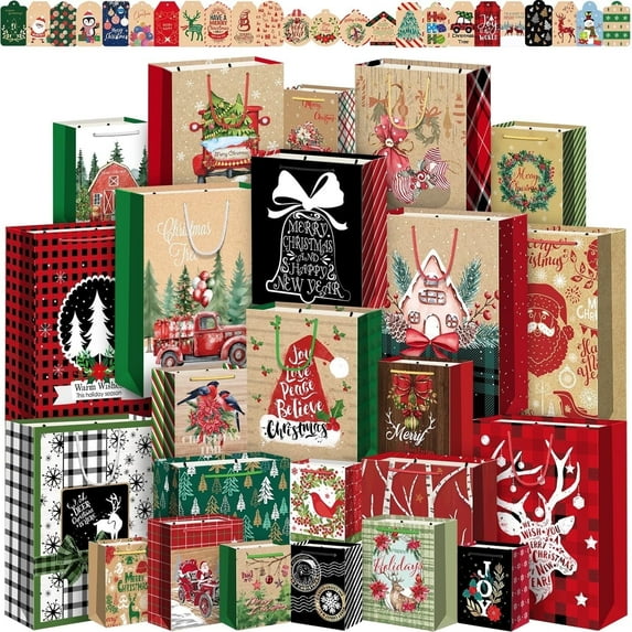 24Pack Assorted Sizes Bags with 24 Gift Tags, Jumbo, Large, Medium, Small Bags for Christmas Presents, Kids, Xmas Party Favors