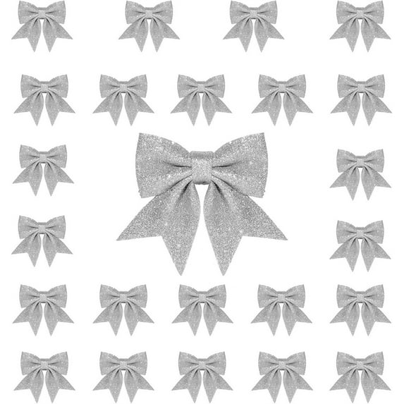 24Pack Christmas Bowknots Ornaments,Silver Glitter Ribbon Bow,Christmas Tree Topper Bow Ties,Shiny Gift Wrapping Bows,Large Sequin Bow Ties,Bow Ornaments for Holiday Home Party