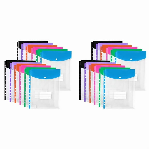 24Pack Plastic Envelopes, Binder Pockets for 3/4/11 Ring Binder,Expandable Document Organizer with Snap Button and Label