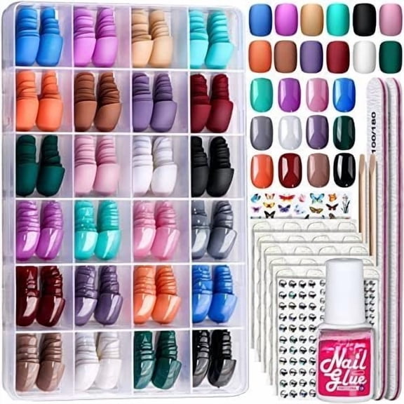 24Pack Short Press  Nails, 576 count Round Press  Nails, Matte and Glossy Short  Nails With Glue