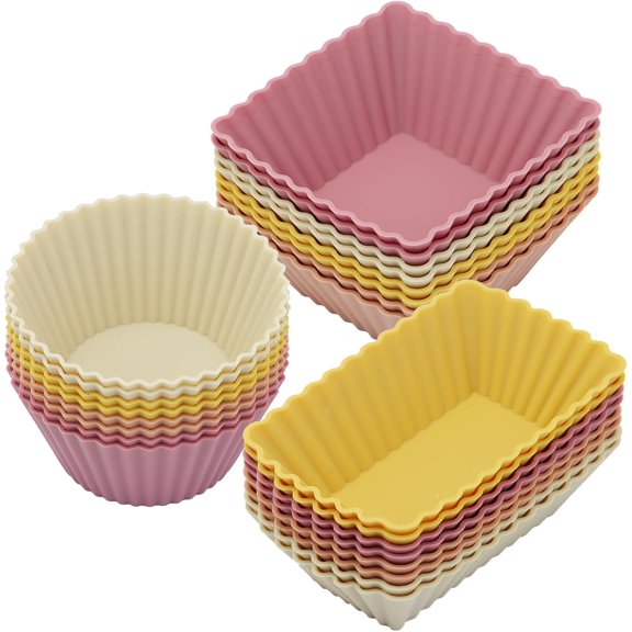 24Pack Silicone Muffin Cups, Reusable Cupcake Liners Molds for Baking, 3 Shapes Lunch Box Bento Dividers-Round, Square, and Rectangular (Orange Series, Regular Size)