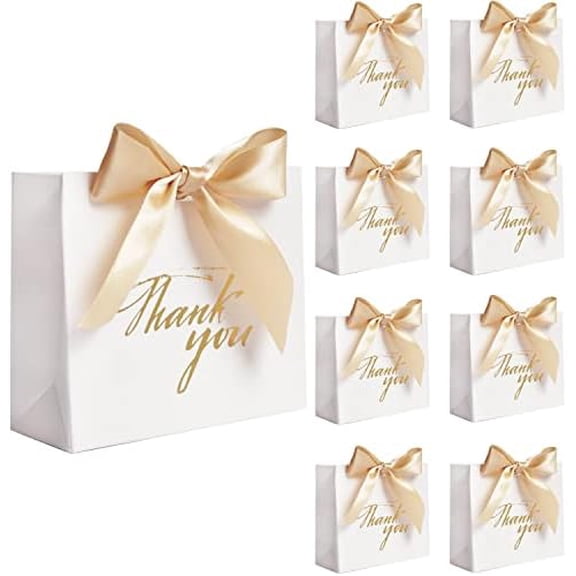 24Pack Small Thank You Party Favor Bags Treat Boxes with Gold Bow Ribbon, White Paper Gift Bags Bulk for Wedding Baby Shower Business Supplies