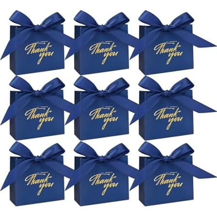 24Pack Thank You Gift Bags, Favor Small Treat Boxes with Bow Ribbon, Paper Bags Bulk for Wedding Baby Shower Business Party Supplies (Blue)