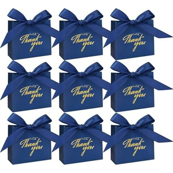 24Pack Thank You Gift Bags, Favor Small Treat Boxes with Bow Ribbon, Paper Bags Bulk for Wedding Baby Shower Business Party Supplies (Blue)
