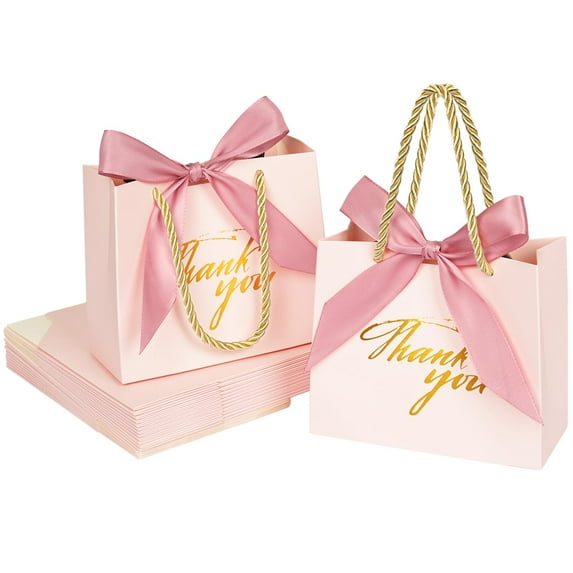 24Pack Thank You Gift Bags with Handles, 5.5×2.4×4.7 Inches Small Pink Thank you Bags, Party Favor Bags, Mini Paper Candy Bags with Gold Ribbon