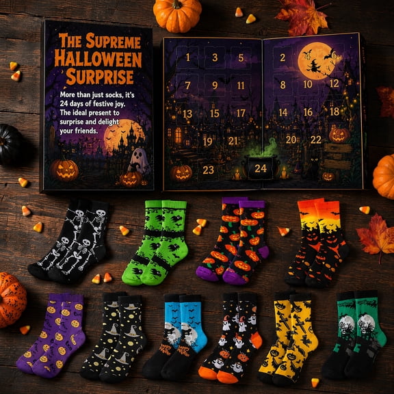 24Pc Halloween Sock Advent Calendar Box, Holiday Countdown 24 Days Surprise Sock Set, Unique Novelty Halloween Themed Adult Socks Collection, Spooky Prints of Black Cat Cauldron