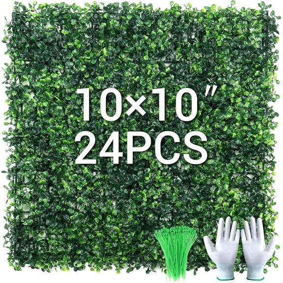 24Pcs 10 x 10 Grass Wall Panels, Artificial Greenery Backdrop Boxwood Panels with 50 Zip Ties, Anti-UV Fake Grass Decor for Indoor Outdoor Privacy Wall Garden Party (Green 24p)