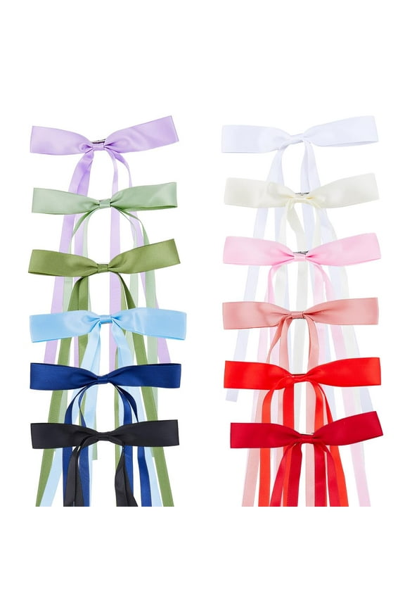 24Pcs 12 Colors Polyester Hair Bows for Women Long Tail Ribbon Hair Clips Silky Satin Hair Bows with Alligator French Hair Accessories 26cm Long