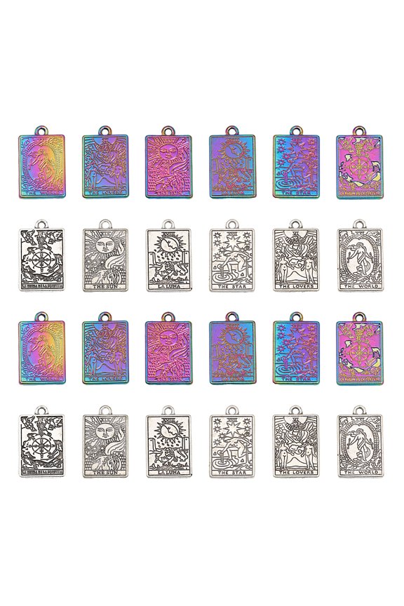 24Pcs 12 Style Rack Plating Alloy Pendants Rectangle with Tarot Charms Mixed Color 23.5x14.5x1.5mm Hole: 1.8mm 2pcs/style