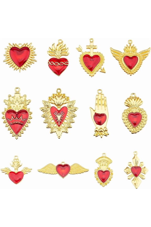 24Pcs 12 Styles Alloy Enamel Pendants Golden Heart Charm Red 29~53.5x15~40x2.5~5mm Hole: 1.6~2.2mm 2pcs/style creative