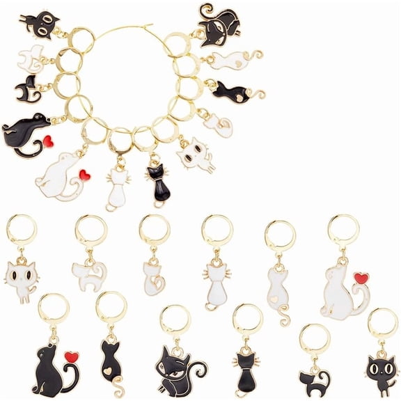 24Pcs 12 Styles Cat Alloy Enamel Pendant Locking Stitch Markers with 304 Stainless Steel Leverback Earring Findings Mixed Color 3~3.9cm 2pcs/style