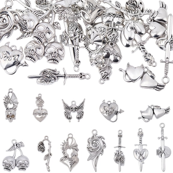 24Pcs 12 Styles Gothic Charms Bulk Tibetan Silver Goth Pendants Devils Heart Wing Owl Butterfly Rose Charms
