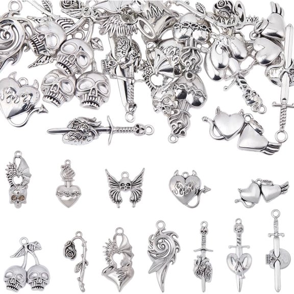 24Pcs 12 Styles Gothic Style Alloy Pendants Silver Mixed Shapes 18.5~55.5x14~38.5x4~7mm Hole: 1.8~3.3mm 2pcs/style