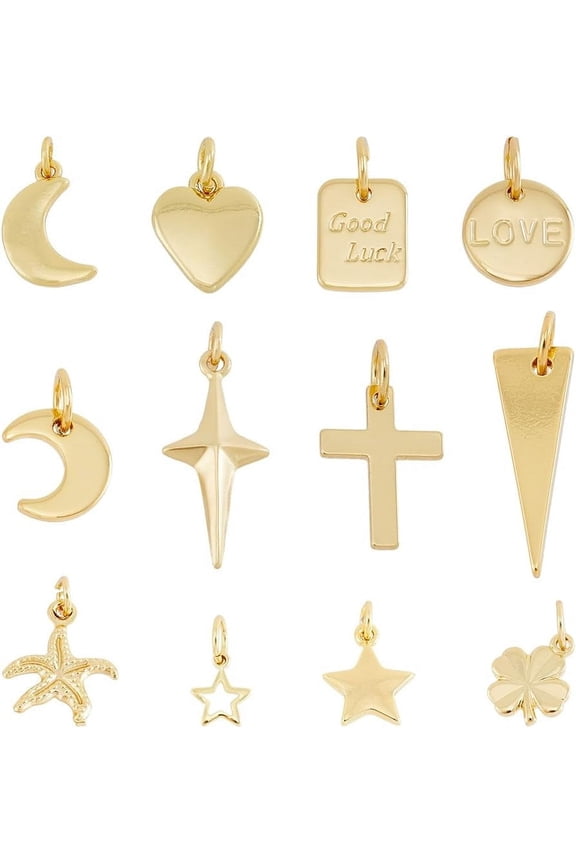 24Pcs 12 Styles Heart Triangle Charms Real 18K Gold Plated Pendants Charms with Jump Rings Clover Circle Pentagram Love Brass Dangle Charms for Necklace Bracelet Earring Clear