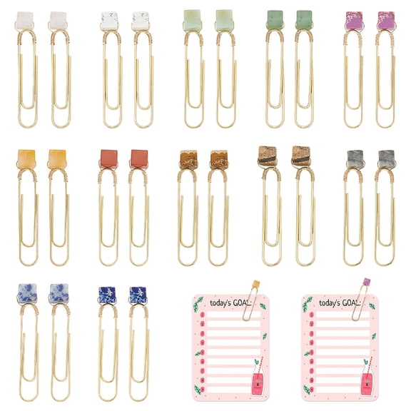 24Pcs 12 Styles Iron Oval Paper Clips with Cube Natural Mixed Gemstone 58mm 2pcs/style