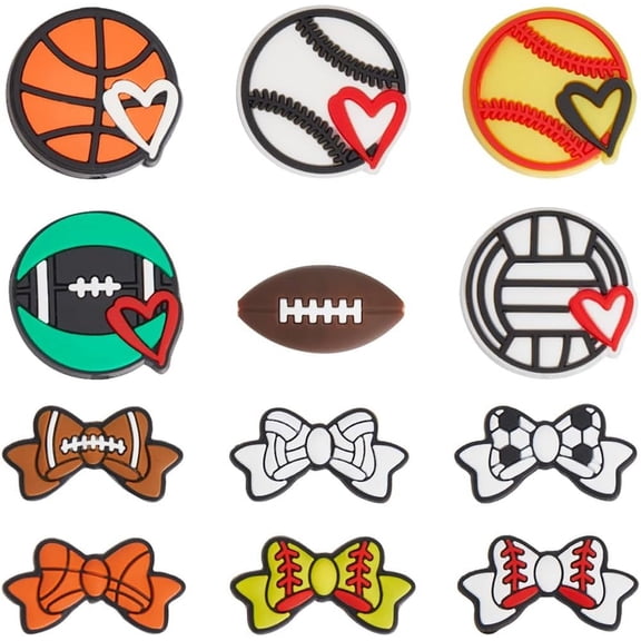 24Pcs 12 Styles Silicone Beads Sport Beads Sports Game Competition Large White Rugby Basketball Soccer Tennis Bowknot Ball Beads DIY