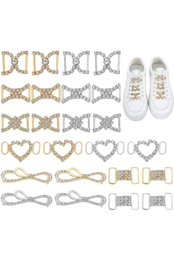 24Pcs 12 Styles Sneaker Charms Rhinestones Metal Shoelaces Decorations Fashion Gold and Silver Heart Shape Clips Shoe Lace Decoration Accessory for Women Casual Shoes