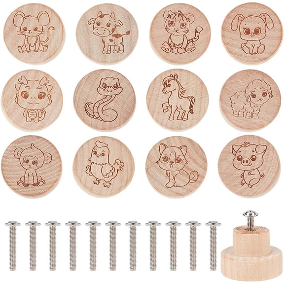 24Pcs 12 Styles Wooden Cartoon Animal Cabinet Knobs - 1.4x0.9 Inch Round Unique Decorative Wooden Drawer Knobs with Screws for Home Cabinet Cupboard and Dresser