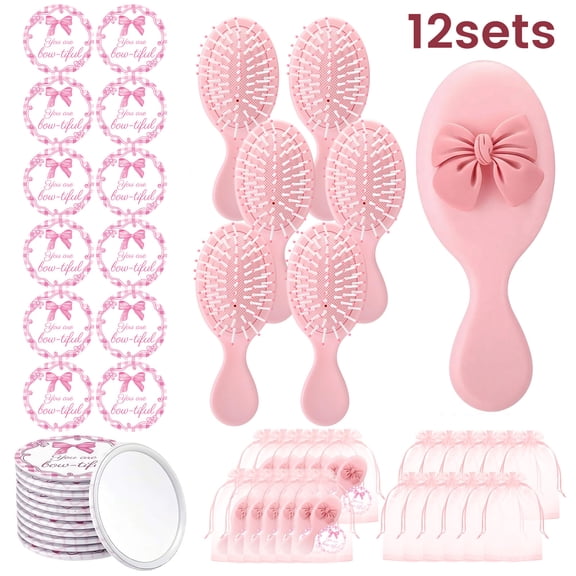 24Pcs 12Sets Coquette Party Gift Sets - Pink Bow Hair Combs, Compact Makeup Mirrors & Organza Bags, Preppy Style Birthday, Bridal Shower, Party Favors Gifts for Women