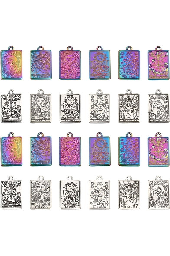 24Pcs 12Styles Tarot Card Charms Rectangel Rack Plating Alloy Pendants for DIY Bracelet Earrings Necklace Personalized Jewelry Making Mixed Color Colorful