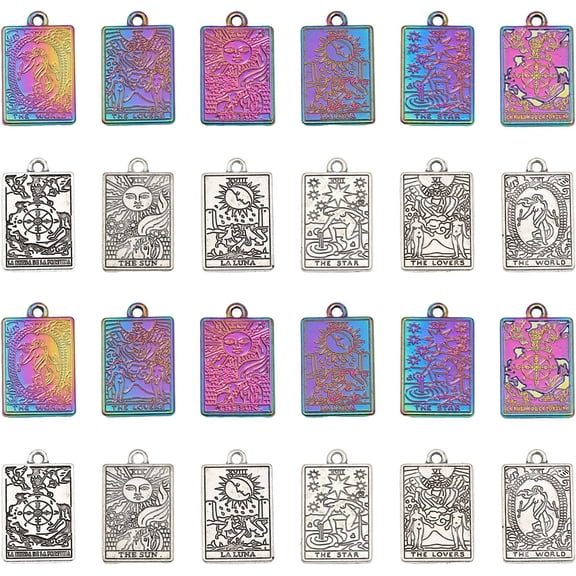 24Pcs 12Styles Tarot Card Charms Rectangel Rack Plating Alloy Pendants for DIY Bracelet Earrings Necklace Personalized Jewelry Making Mixed Color Multi-color DIY