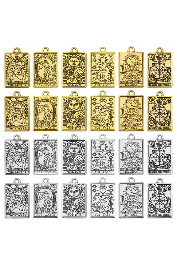 24Pcs 12Styles Tarot Card Charms Rectangle Zinc Alloy Pendants for DIY Bracelet Earrings Necklace Personalized Jewelry Making Silver Golden