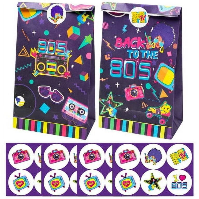 24Pcs 1980s Papper Bag Party Favor Bags,Back to 1980s Retro Party Gift Bag  for Kids Goodie Candy Treat Kraft Paper Bags with 4Pcs 80s Disco Stickers  for Theme Birthday Retro Party Supplies 