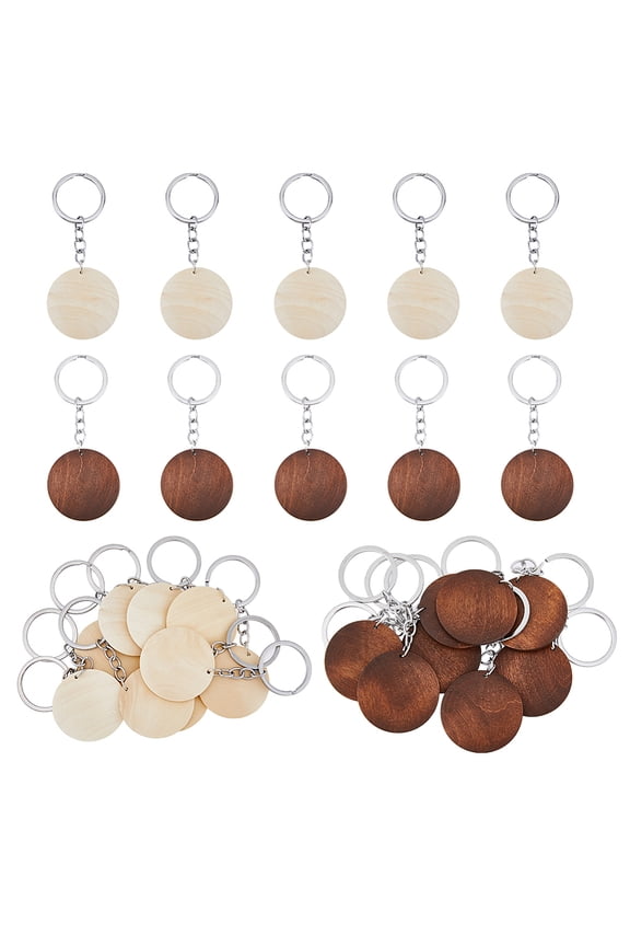 24Pcs 2 Color Wooden Circles Blank Round Borehole Ring Keychian with Jump Ring Borehole Loop Drilling Disc for DIY Keychain Crafts Holiday Decoration